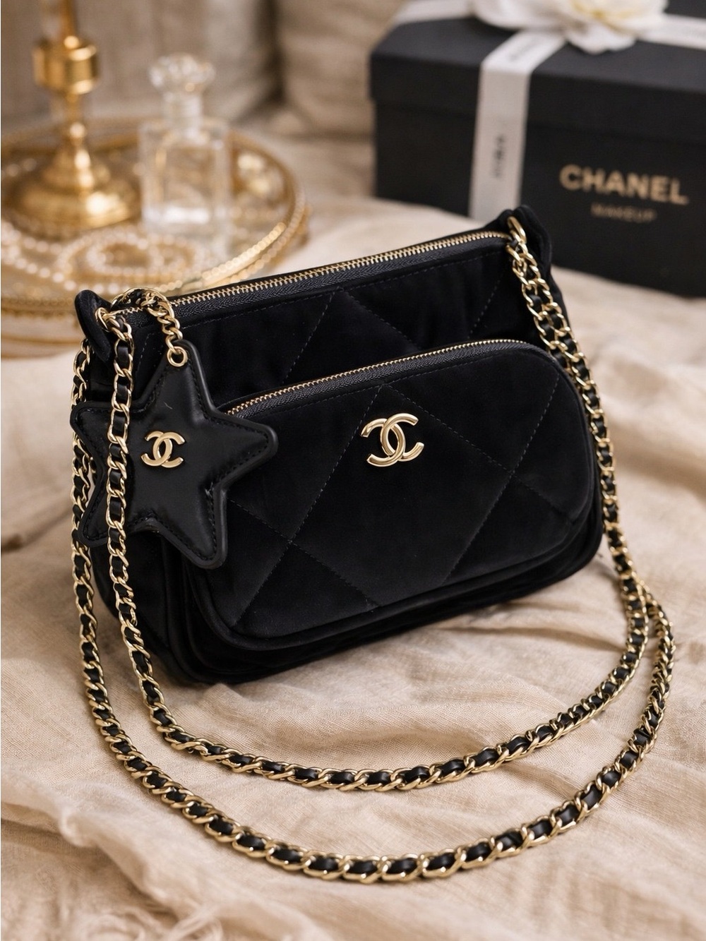 GWP CHANEL Black Quilted Crossbody Bag with Star Charm and Gold Chain